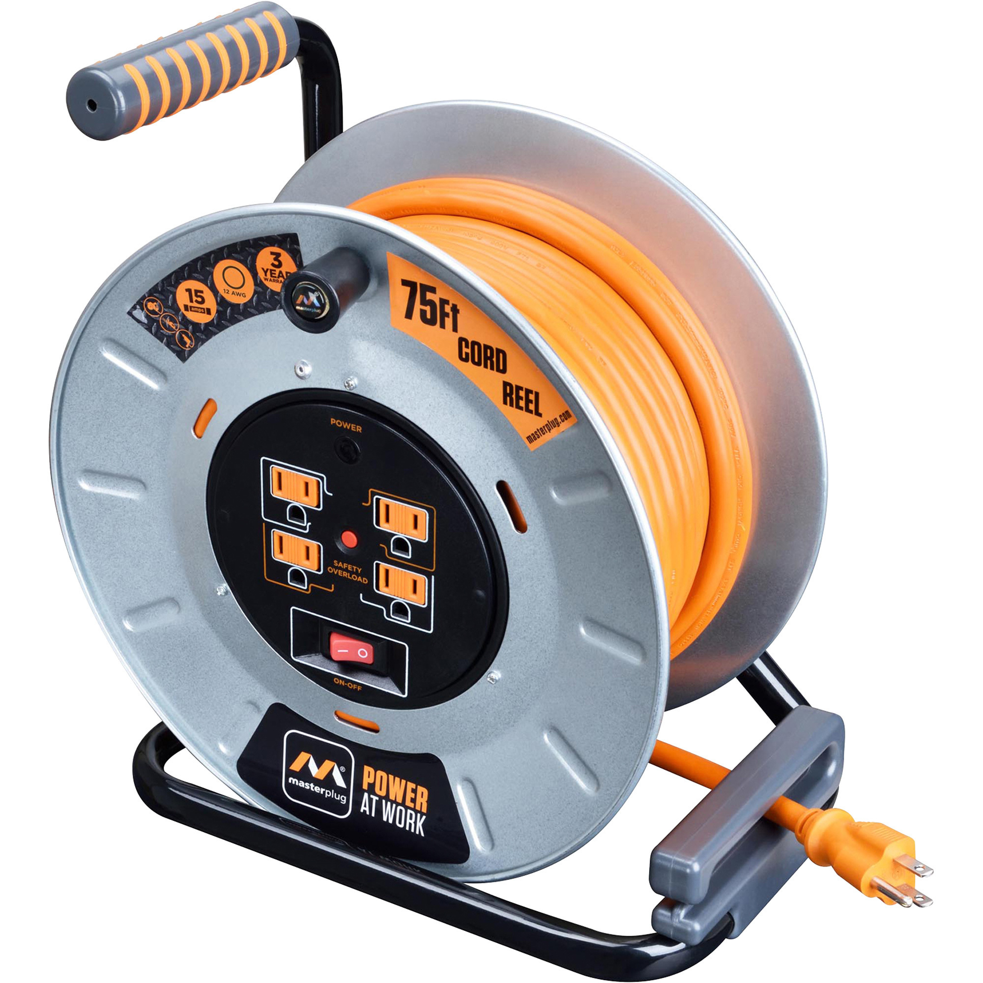 Ironton Retractable Extension Cord Reel with Triple Tap, 65ft., 12/3